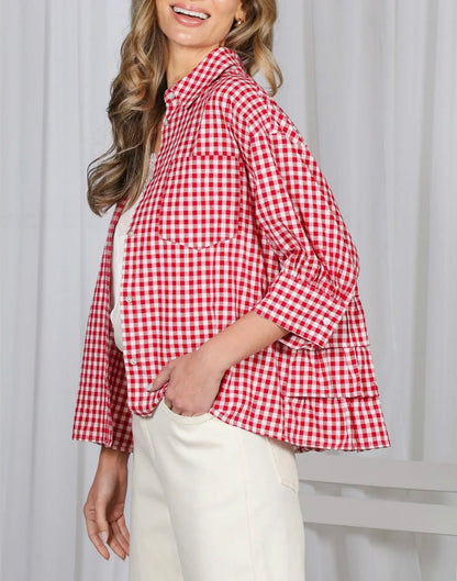 z   Red Gingham Puff Sleeve Ruffle Top