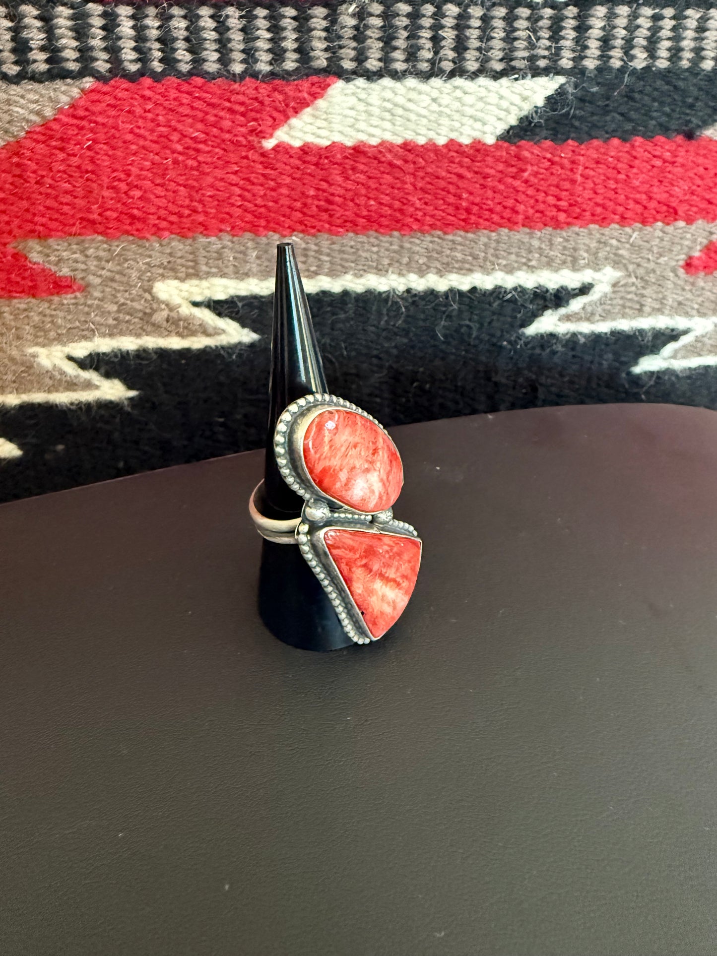 Sterling Silver and Red Spiny Oyster 2 Stone Ring Adjustable