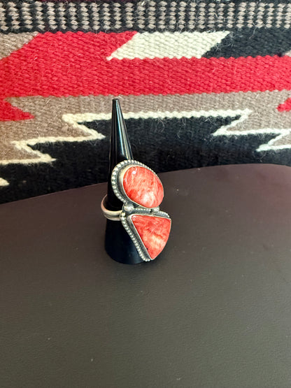 Sterling Silver and Red Spiny Oyster 2 Stone Ring Adjustable