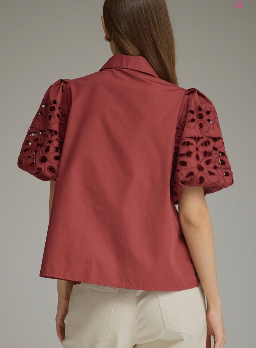z   Puff Sleeve Eyelet Top