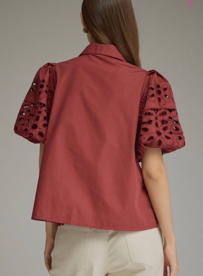 z   Puff Sleeve Eyelet Top