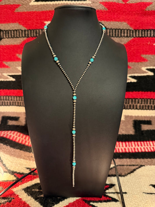 Sterling Silver Navajo Pearl and Kingman Turquoise Lariat 16" Long + 6 1/2" Drop