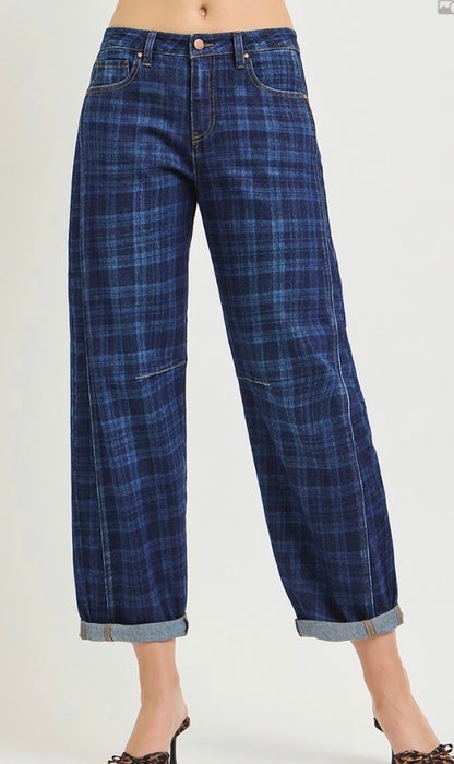 z   Plaid Denim Barrel Jeans