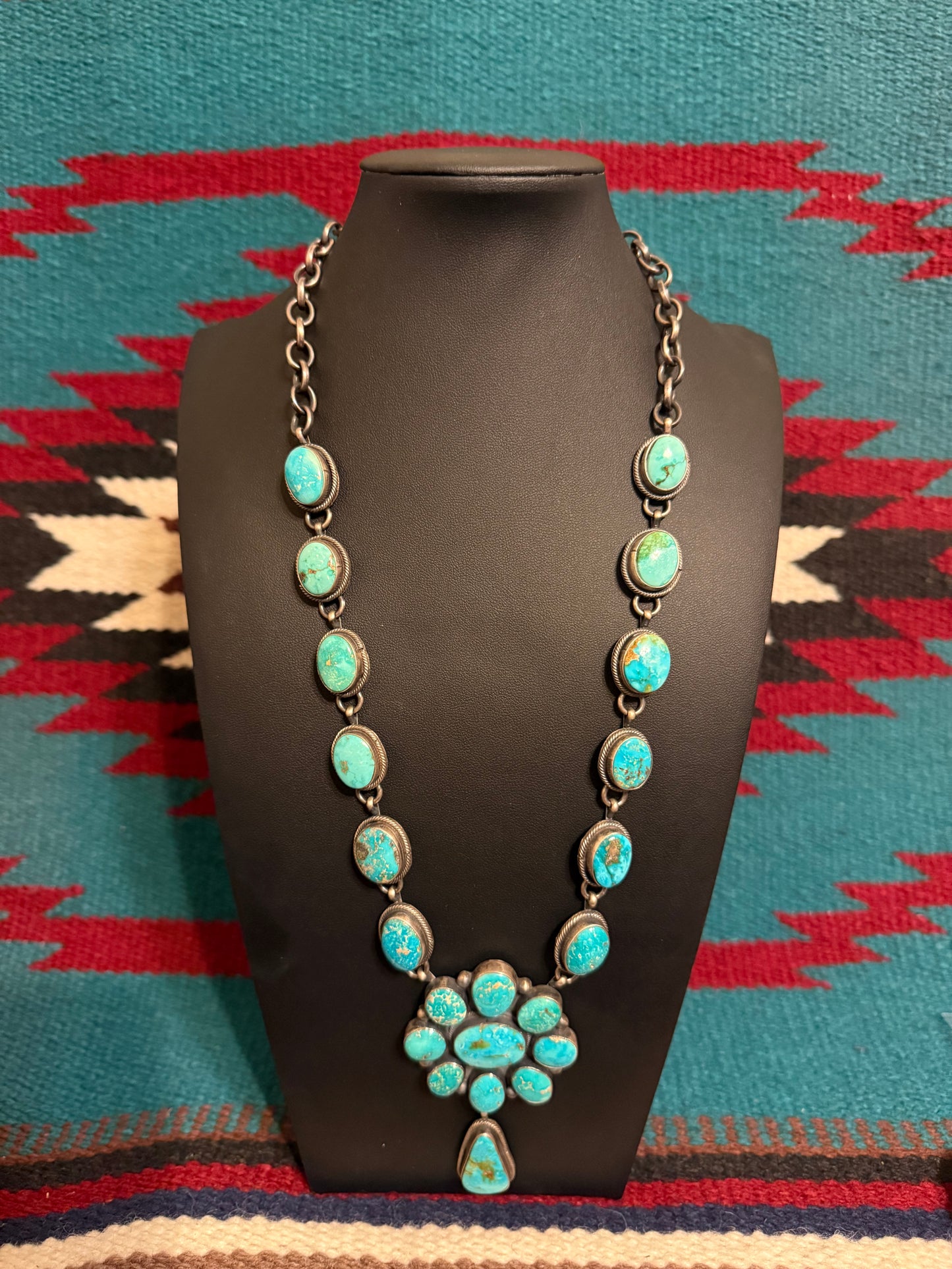 Handmade Sterling Silver and SS Roysten Turquoise Cluster Link Necklace 24" Long