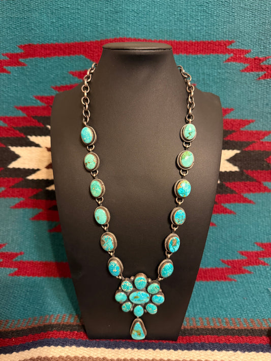 Handmade Sterling Silver and SS Roysten Turquoise Cluster Link Necklace 24" Long
