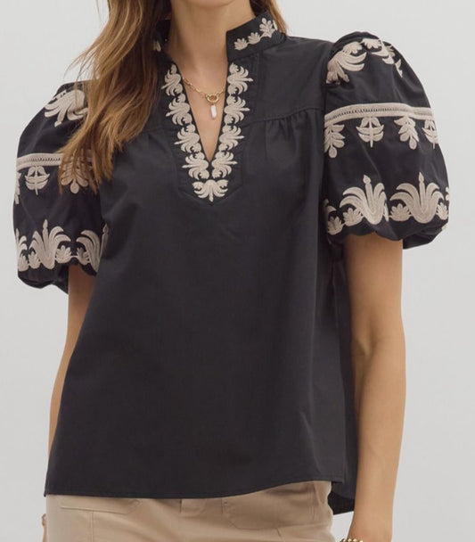 z   V-Neck Embroidered Bubble Sleeve Top