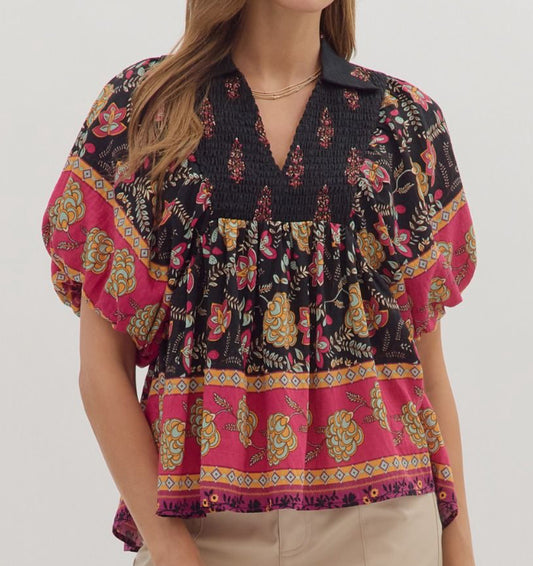 z   Smocked Yoke Print Top