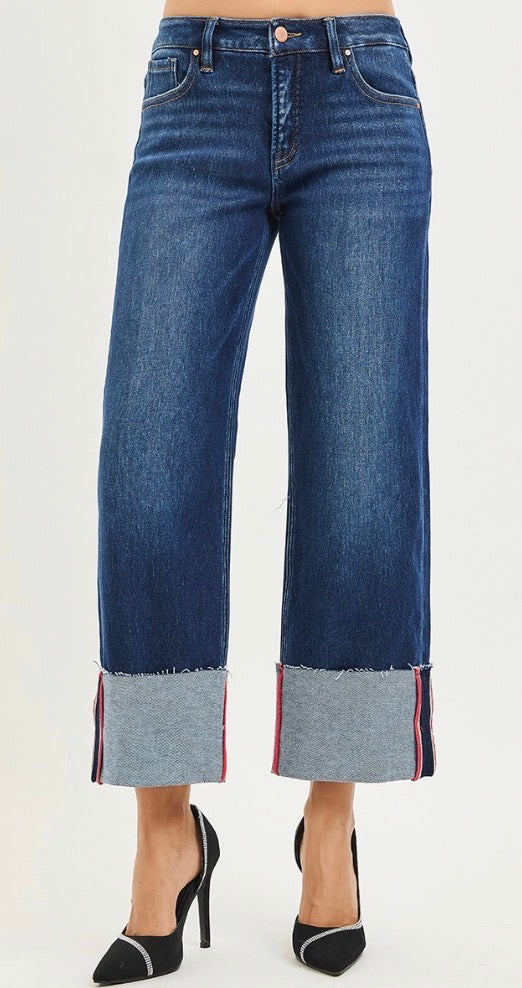 z   Risen Tummy Control Mid Rise Crop Wide Cuffed Jeans