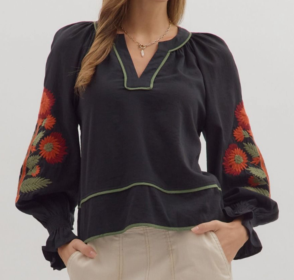 z   Long Sleeve Embroidered Top