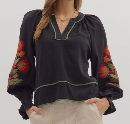 z   Long Sleeve Embroidered Top