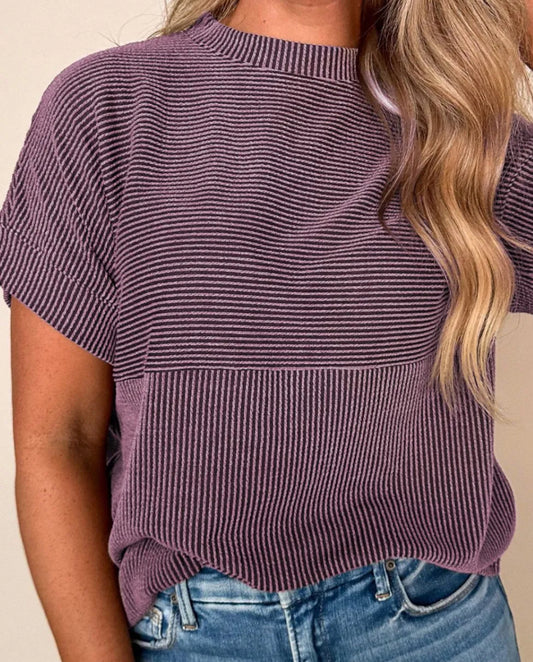 z   Mock Neck Corded Knit Short Sleeve T-Shirt