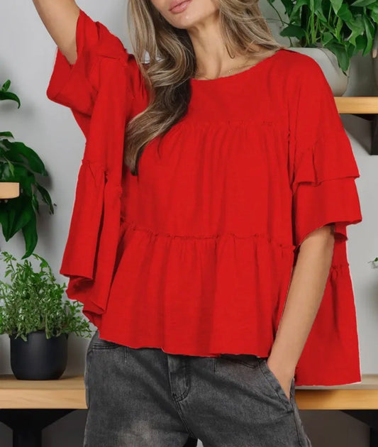 z   Ruffled Tiered Crew Neck Top Red