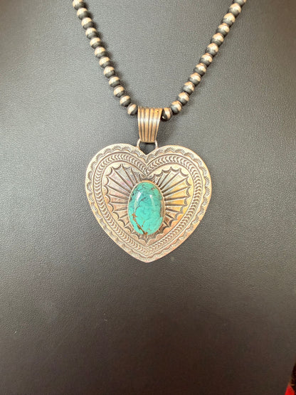 Sterling Silver Heart Pendant with Kingman Turquoise By June Delgarito