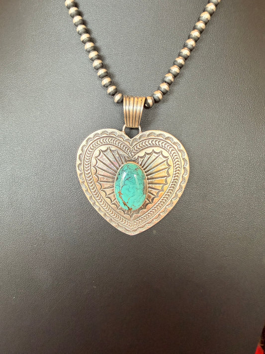 Sterling Silver Heart Pendant with Kingman Turquoise By June Delgarito