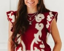 z   Burgundy Ivory Patch Contrast stitching Ruffle Sleeve Top