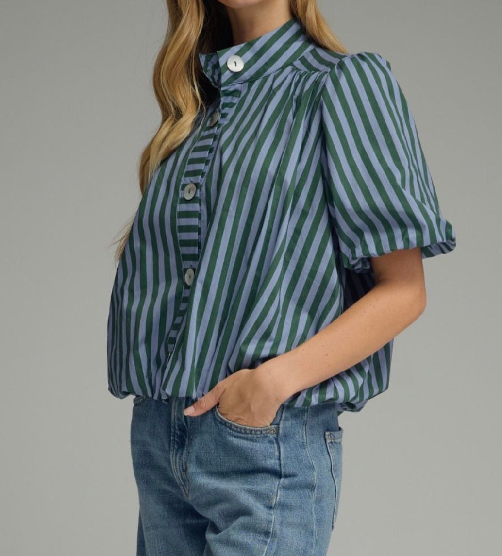 z   Hunter Green and Blue Striped bubble Top