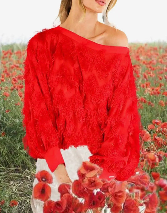 z   Red Fringe Embellished Top