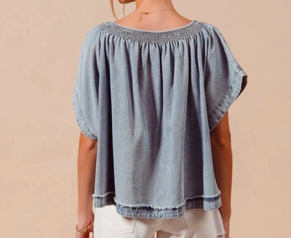 z   Smocked Neck Dolman Chambray Denim Top