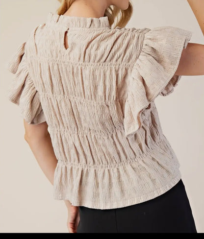 z   Ruched Flutter Sleeve Top