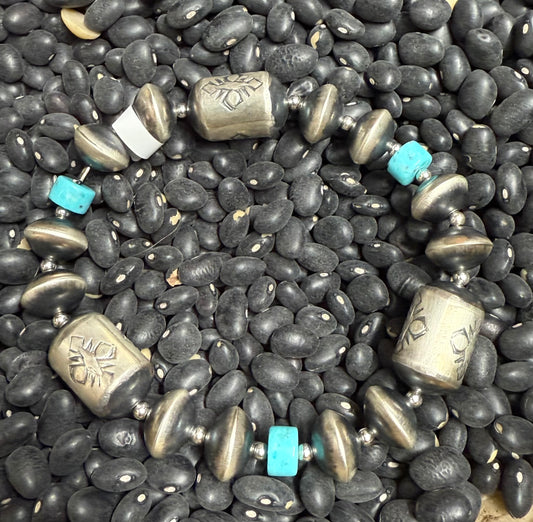 Handmade Sterling Silver and Kingman Turquoise Stamped Stretch Bracelet