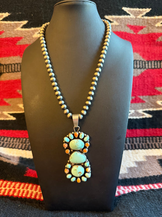 Sterling Silver Pendant with Orange Spiny and #8 Turquoise Stones