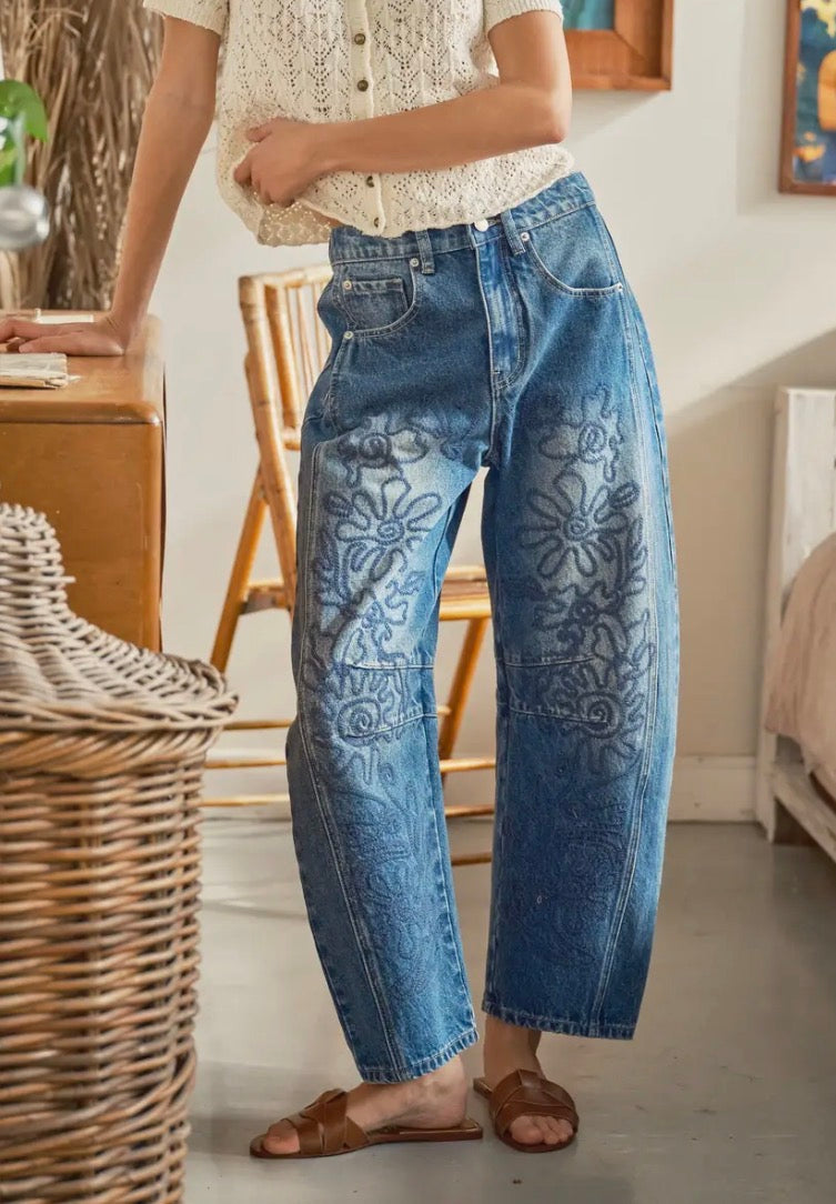 z   Embroidered Denim Barrel Jeans
