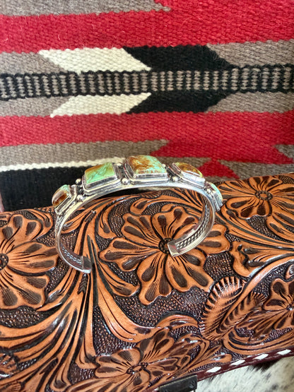 Square Green Turquoise Stone  Cuff By Junior Begay
