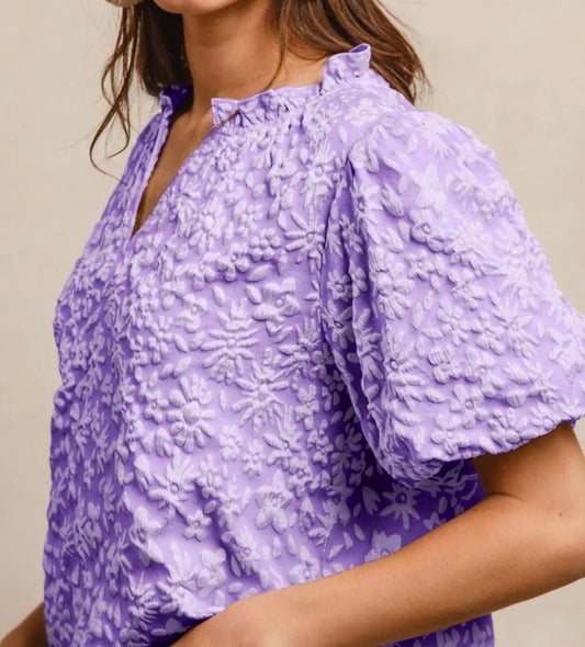 z   Floral Pattern Texture Top with Balloon Sleeves