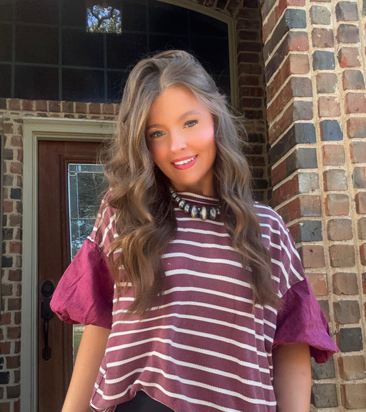 z   Striped Puff Sleeve Round Neck Top