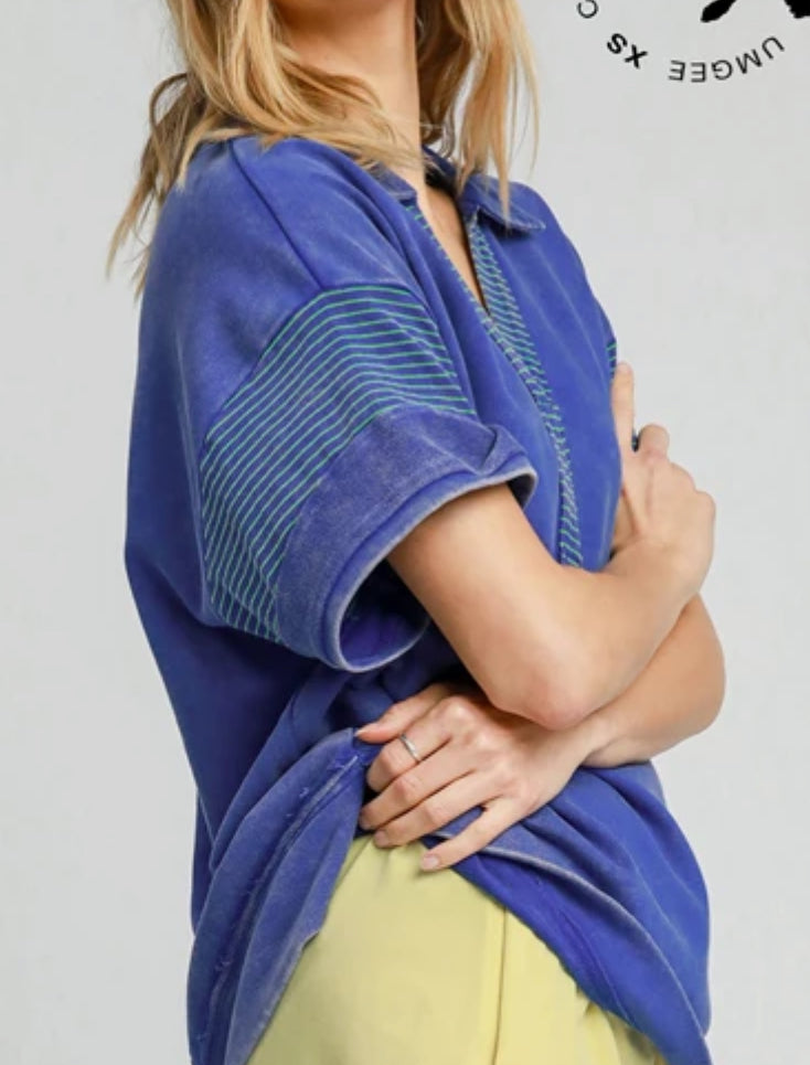 z   Striped Contrast Washed Polo Tunic