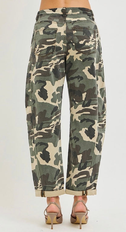z   Risen Faded Camo High Rise Ankle Barrel Pants