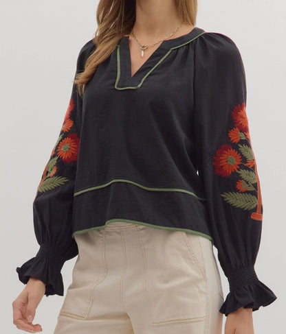 z   Long Sleeve Embroidered Top