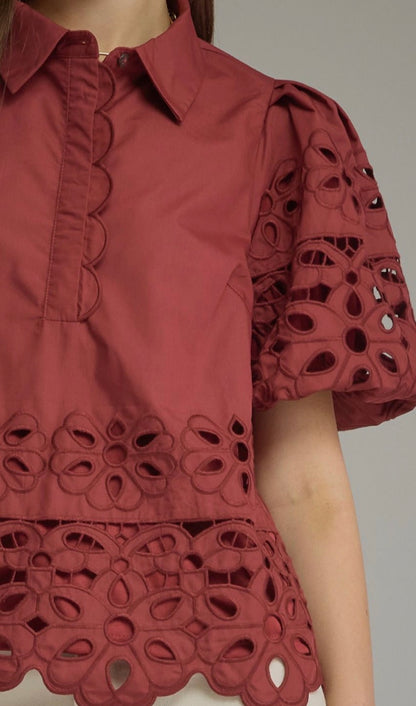 z   Puff Sleeve Eyelet Top
