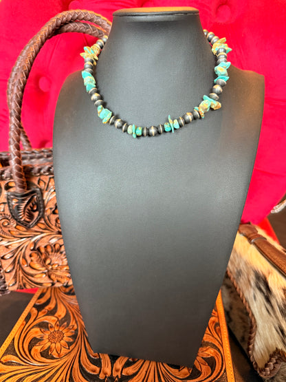 Handmade Sterling Silver and Kingman Turquoise Nugget Necklace  14" Long