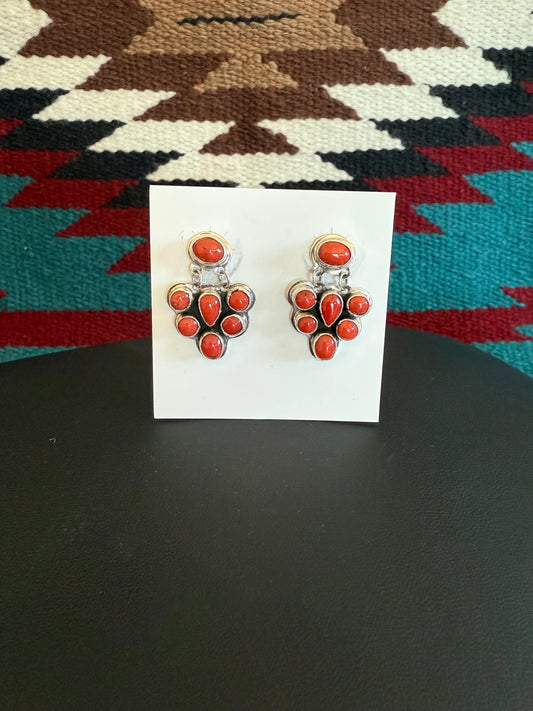 Sterling Silver Red Coral Cluster Earrings