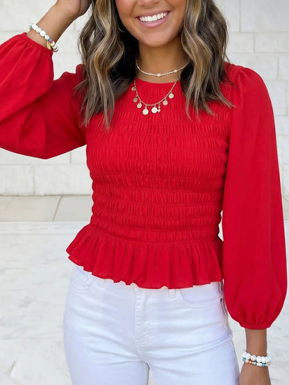 z   Red Smocked Ruffle Hem Top