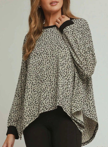 z   Leopard Velvet Uneven Hem Top Stone