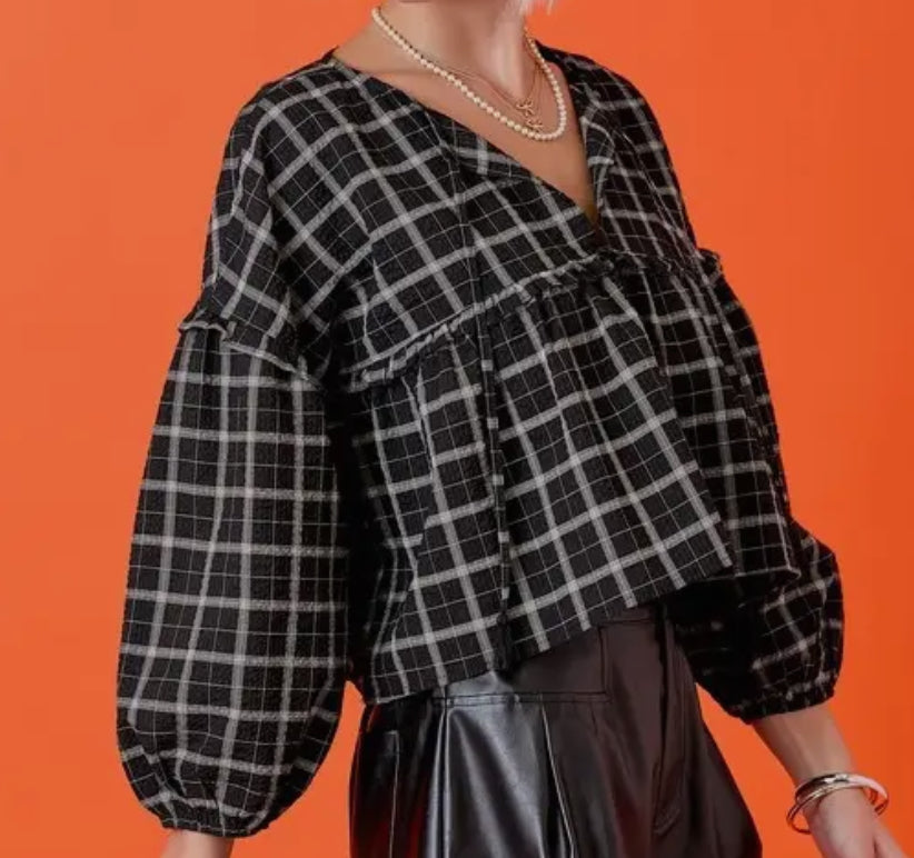 z   Long sleeve Plaid Top with Ruffle