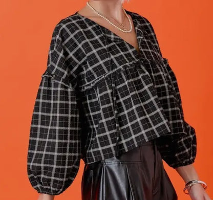 z   Long sleeve Plaid Top with Ruffle