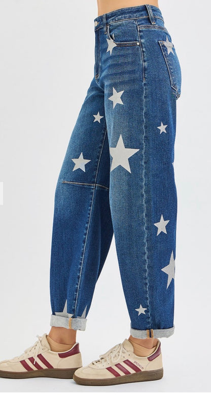 z   Risen Star Printed Denim Barrel Jeans