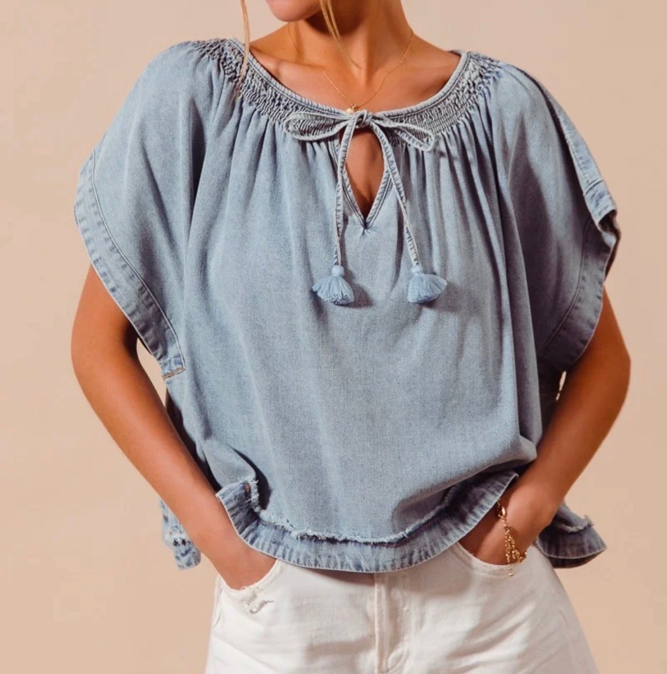z   Smocked Neck Dolman Chambray Denim Top