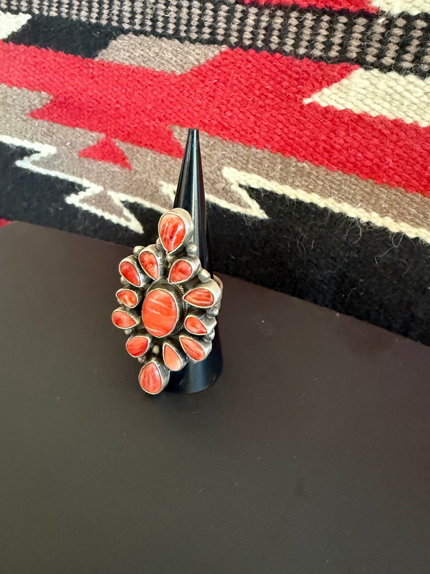 Sterling Silver Red Spiny Oyster Cluster Ring Adjustable