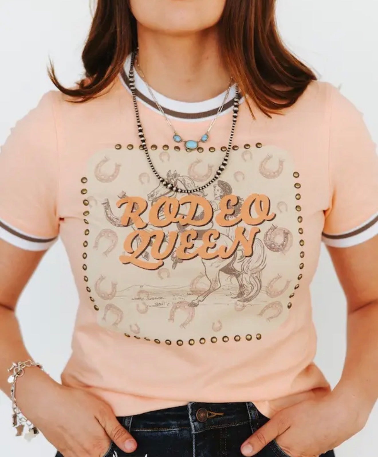 z   Peach Rodeo Queen Vintage Studded Top