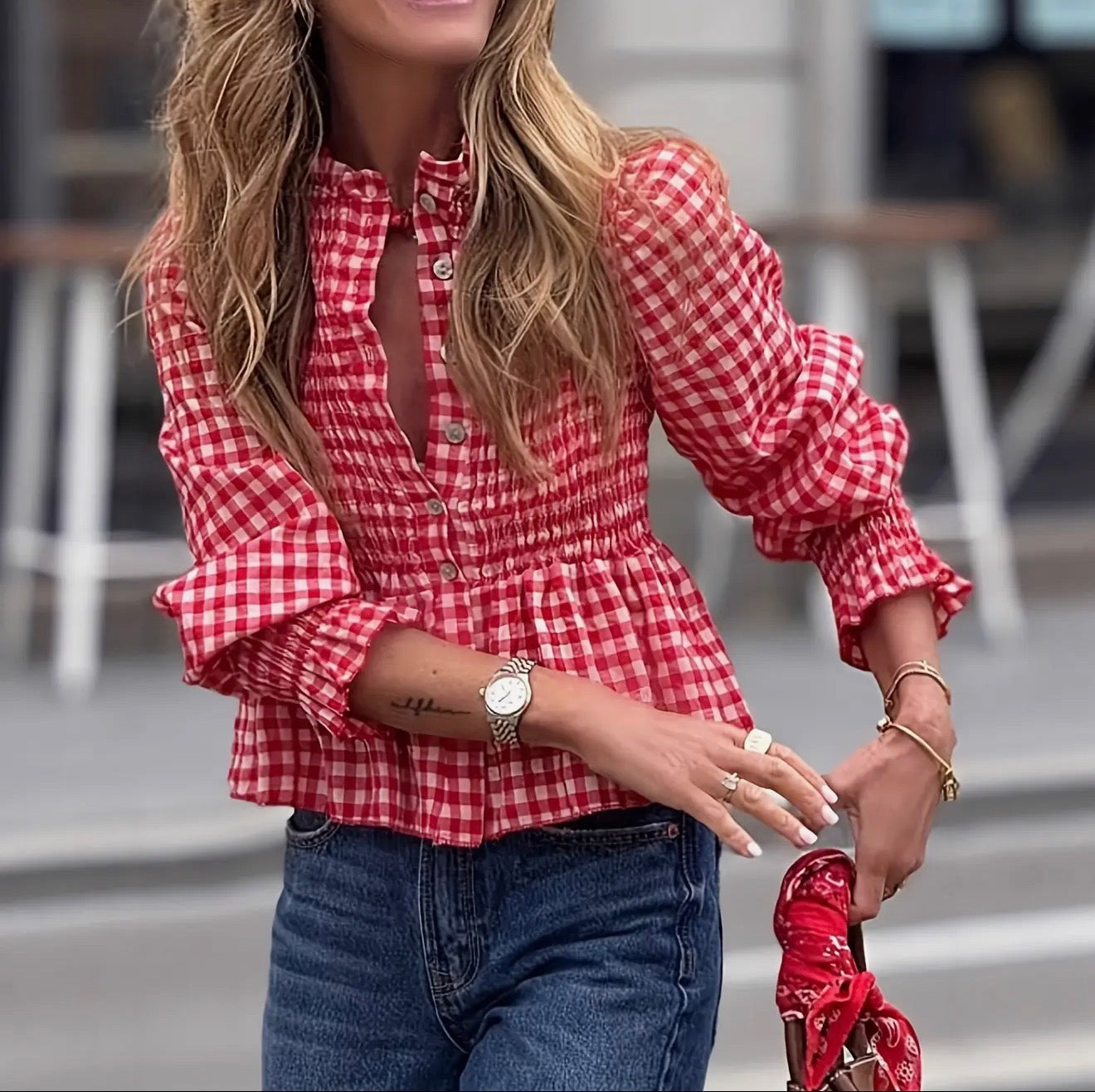 z   Chic Leisure Checker Plaid Ruffle Top
