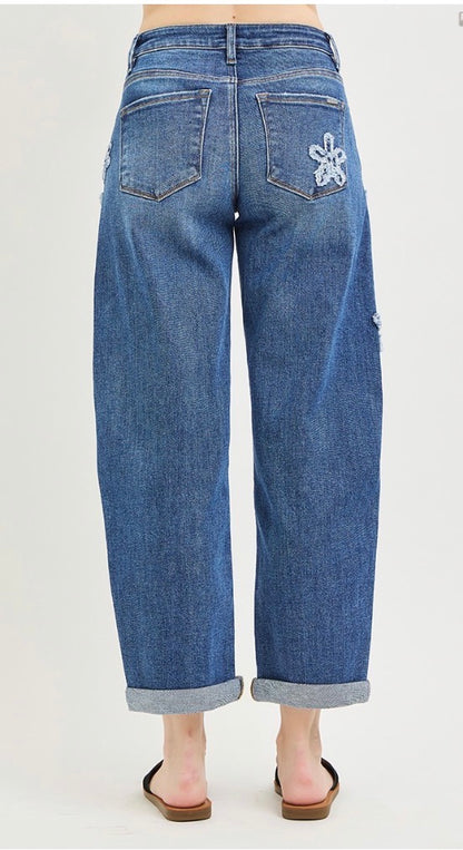 z   Risen Dark Washed Flower Patch Cropped Barrel Jeans