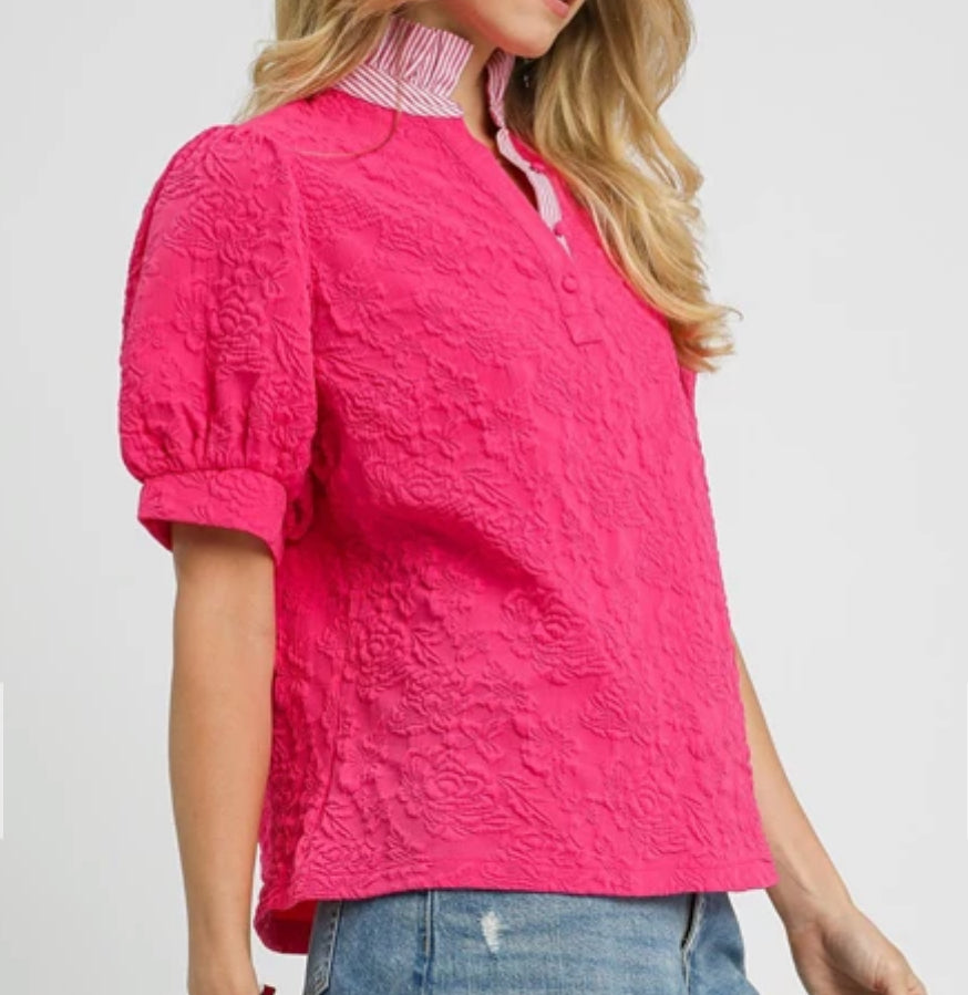 z   Jacquard High Ruffle Neck Top