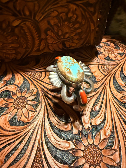 Handmade Sand Cast Turquoise and Coral Cuff  By Chimney Butte