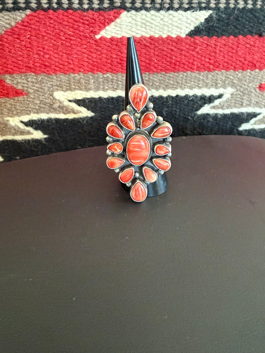 Sterling Silver Red Spiny Oyster Cluster Ring Adjustable
