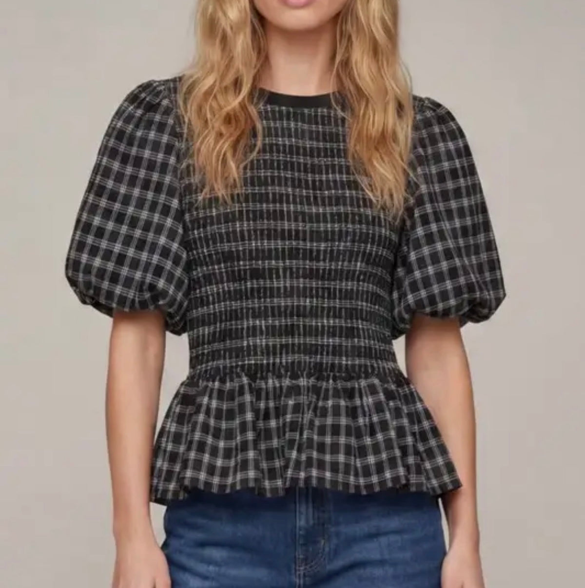 z   Plaid Smocked Peplum Top