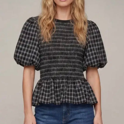 z   Plaid Smocked Peplum Top